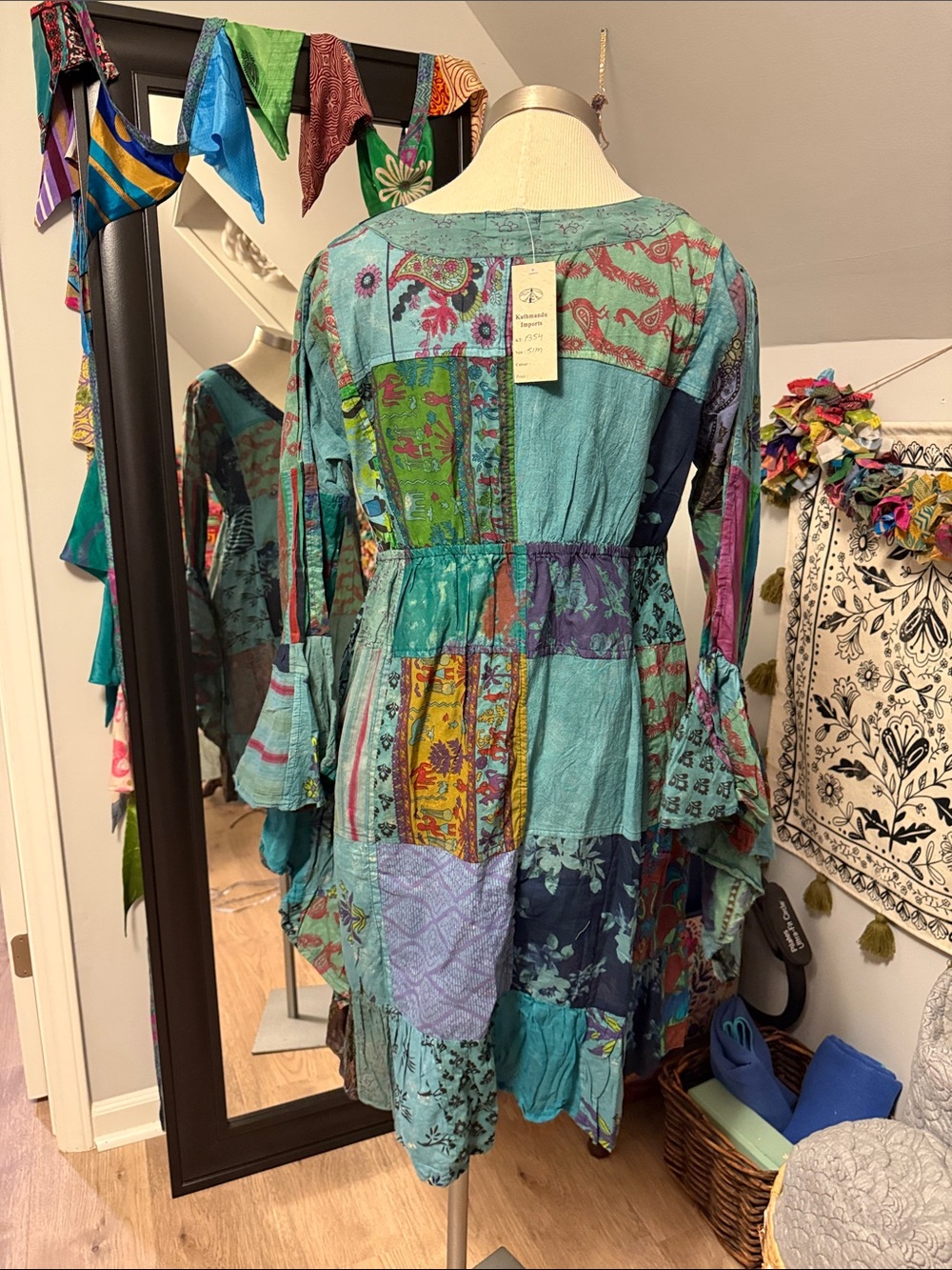 Boho Patchwork V-Neck Long Sleeve Jacket in Teal and Navy - Picture 7 of 9